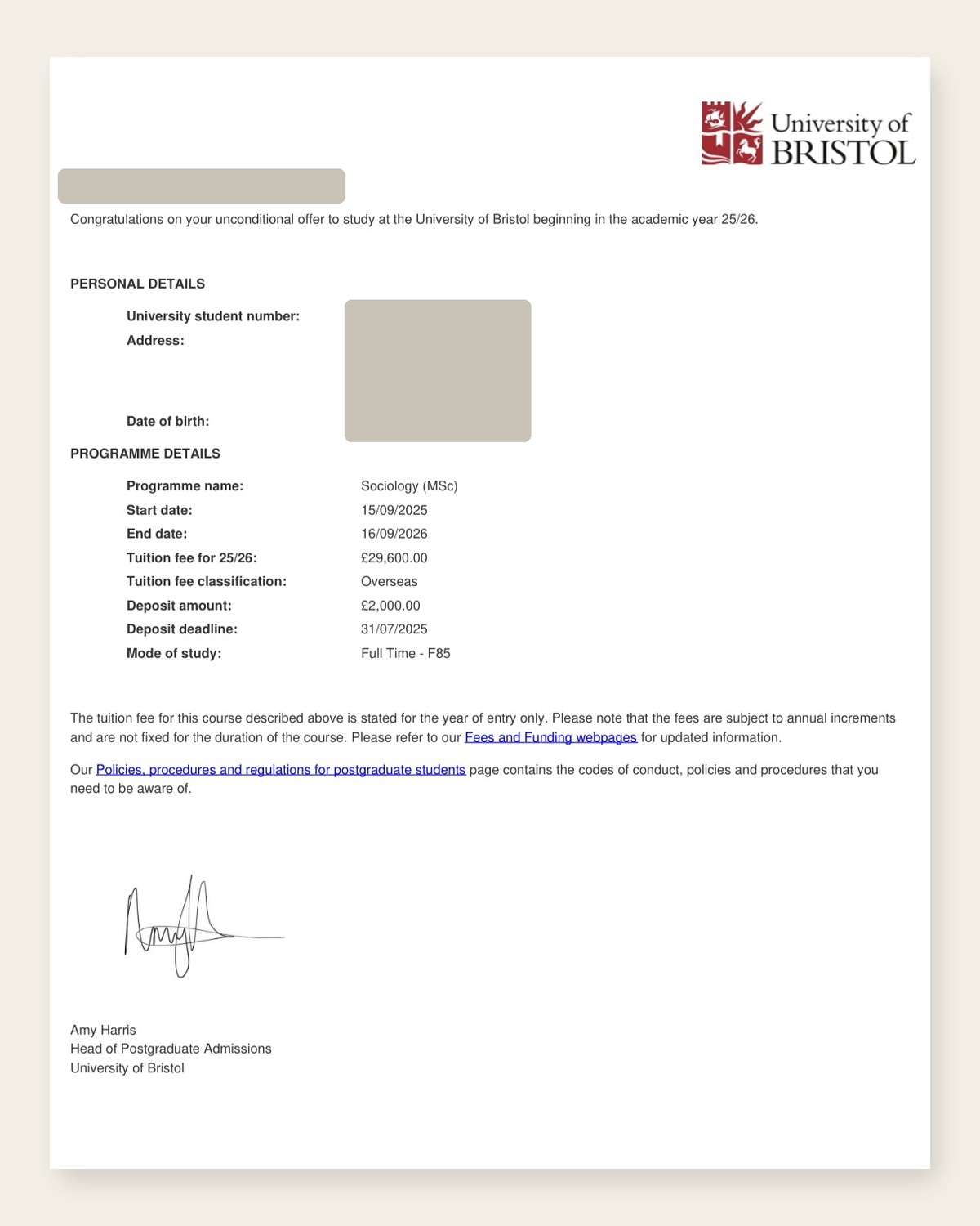 布里斯托大学Sociology (MSc)无条件录取脱敏文件