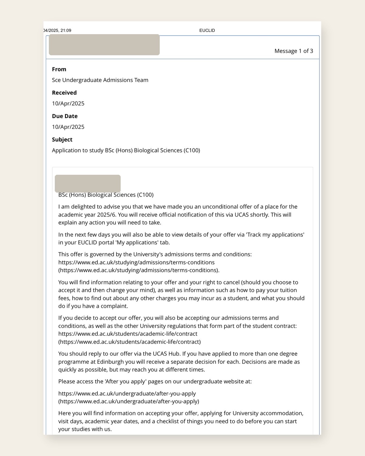 爱丁堡大学Biological Sciences (BSc)无条件录取脱敏文件