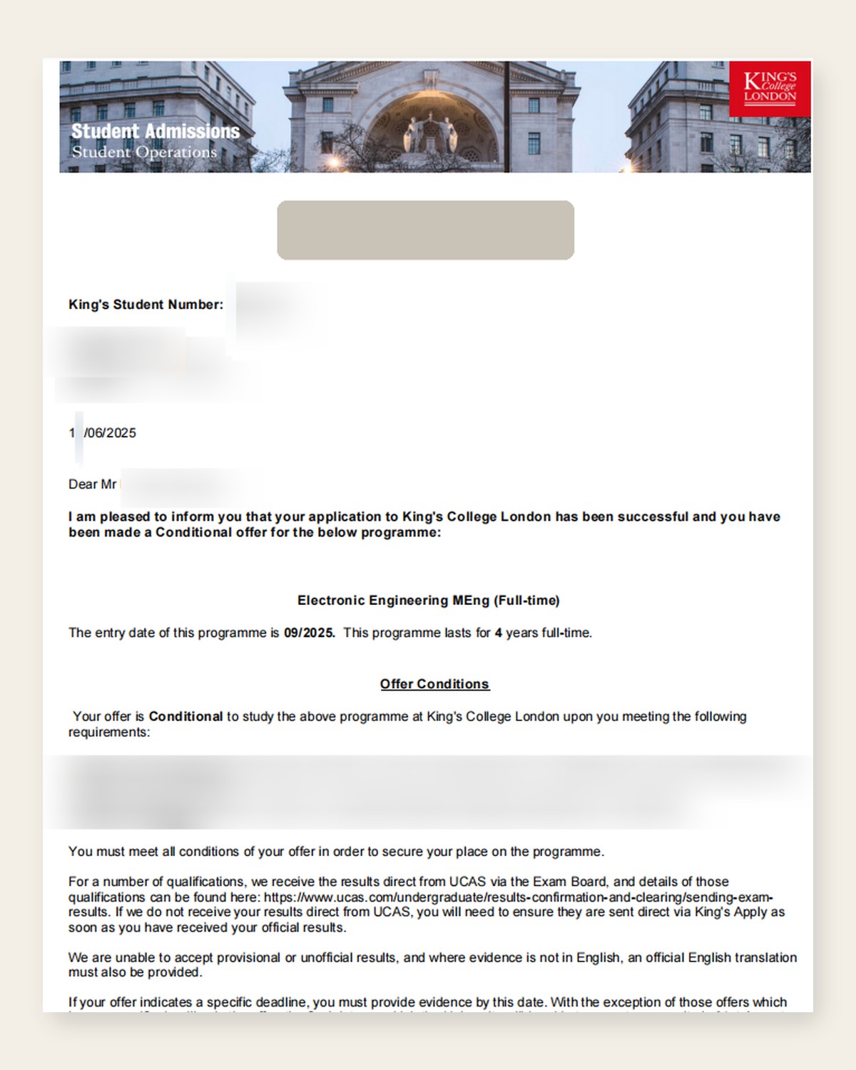 伦敦国王学院（KCL）Electronic Engineering (MEng)有条件录取脱敏文件