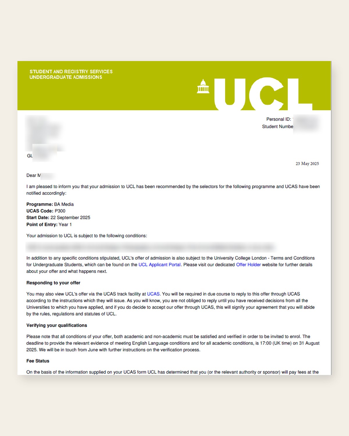 伦敦大学学院（UCL）Media (BA)有条件录取脱敏文件